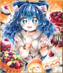  +_+ 1girl arms_up bangle blue_eyes blue_hair blueberry blush bracelet cake cherry chocolate_syrup commentary cupcake debt drawstring eyebrows_visible_through_hair finger_to_chin food fruit fruit_tart grey_hoodie hair_between_eyes hair_ribbon highres hood hood_down ice_cream jewelry long_hair looking_at_viewer maa_(forsythia1729) marker_(medium) open_mouth orange_background pudding raspberry ribbon shikishi short_sleeves shortcake solo sparkle strawberry swiss_roll touhou traditional_media very_long_hair whipped_cream yorigami_shion 