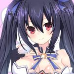  1girl bare_shoulders black_hair bow bowtie breasts cleavage detached_collar eyebrows_visible_through_hair hair_between_eyes hair_ribbon highres long_hair looking_at_viewer medium_breasts moya_44444 neptune_(series) noire red_eyes ribbon smile solo twintails upper_body 