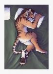  anthro bed black_pawpads brown_hair brown_stripes countershading eyes_closed felid fur furniture hair hindpaw male mammal nude on_bed open_mouth orange_body orange_fur pantherine pawpads paws pillow sleeping solo striped_body striped_fur stripes tiger vateo 