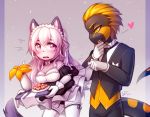  amphibian anthro blonde_hair blush breasts clothed clothing coff digital_media_(artwork) domestic_cat duo felid feline felis female hair julia maid_uniform male mammal raphael_hall reptile salamander_(disambiguation) scalie uniform 