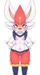  anthro breasts bunnag cinderace female fur hands_on_hips lagomorph mammal multicolored_body multicolored_fur navel nintendo nipples open_mouth pok&eacute;mon pok&eacute;mon_(species) red_body red_fur simple_background small_breasts solo video_games white_background white_body white_fur wide_hips 