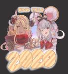  2020 2girls animal_ears betabeet blonde_hair bow buck_teeth cat dark_skin english_text granblue_fantasy hair_bow highres horn_ornament horns kuvira_(granblue_fantasy) long_hair looking_at_viewer mouse multiple_girls new_year one_eye_closed red_eyes short_hair silver_hair smile v vikala_(granblue_fantasy) yellow_eyes 