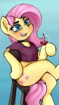  alcohol anon_1515 beverage blush bottomless clothed clothing collar crossed_legs equid equine female fluttershy_(mlp) friendship_is_magic hi_res mammal my_little_pony wine 