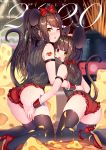  2020 2girls animal_ears arm_strap ass bare_shoulders black_legwear black_sweater blurry bow breasts brown_eyes brown_hair cheese chinese_zodiac depth_of_field fangs food frills hair_bow happy_new_year high_heels highres kneeling large_breasts long_hair looking_at_viewer looking_back mole mole_on_ass mole_under_eye mouse_ears mouse_tail multiple_girls new_year one_eye_closed open_mouth original panties parted_lips ponytail red_footwear red_panties ribbed_sweater sleeveless sleeveless_turtleneck sweater tail thighhighs turtleneck underwear usagihime wrist_cuffs year_of_the_rat 