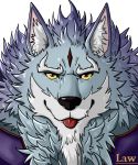  2019 anthro beard black_nose canid canine canis clothed clothing eurobeat facial_hair fur grey_body grey_fur law_(sdorica_sunset) looking_at_viewer male mammal multicolored_body multicolored_fur red_eyes sdorica sdorica_sunset solo tongue tongue_out two_tone_body two_tone_fur white_body white_fur wolf yellow_sclera 