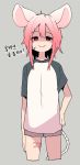  1girl 2020 anger_vein animal_ears bural_chingu chinese_zodiac extra_eyes flat_chest hair_between_eyes korean_text lee_ji-eun_(bural_chingu) luke_(dydansgur) pink_hair raglan_sleeves rat_ears rat_tail shaded_face short_hair shorts sidelocks smile solo tail translation_request year_of_the_rat 