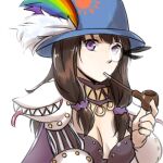 1girl armor bangs blue_headwear breasts brown_hair cleavage commentary_request genetic_(ragnarok_online) hat holding holding_pipe living_clothes long_hair looking_at_viewer medium_breasts monocle natsuya_(kuttuki) open_mouth pauldrons pipe pipe_in_mouth plume purple_eyes ragnarok_online rainbow_order rimless_eyewear round_eyewear shoulder_armor sidelocks simple_background solo teeth tongue upper_body vambraces white_background witch_hat 