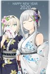  2020 2girls ak-12_(girls_frontline) alternate_costume an-94_(girls_frontline) artist_request black_kimono blonde_hair blue_eyes closed_eyes detached_sleeves english_text eyebrows_visible_through_hair fan fireworks floral_print flower girls_frontline hair_flower hair_ornament highres japanese_clothes kimono multiple_girls new_year obi sash silver_hair sleeveless sleeveless_kimono smile white_kimono 