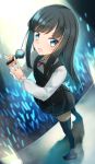  1girl :o asashio_(kantai_collection) bangs black_dress black_footwear black_hair black_legwear blue_eyes blurry blurry_background blush collared_shirt comah commentary_request depth_of_field dress dress_shirt eyebrows_visible_through_hair full_body glowstick highres holding holding_microphone kantai_collection long_hair long_sleeves microphone neck_ribbon open_mouth pinafore_dress pleated_dress red_ribbon remodel_(kantai_collection) ribbon shirt shoes sleeveless sleeveless_dress sleeves_past_wrists solo standing thighhighs very_long_hair white_shirt 