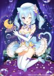  1girl animal_ears apple_caramel bangs bare_shoulders blue_eyes cat_ears cat_tail commentary_request crescent_moon dress elbow_gloves eyebrows_visible_through_hair gloves hair_between_eyes highres kneeling light_blue_dress light_blue_hair looking_at_viewer moon official_art one_eye_closed open_mouth original solo tail thighhighs white_gloves white_legwear 