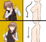  1girl ahoge breasts brown_hair closed_eyes directional_arrow drake_(rapper) drakeposting flat_chest hand_on_hip highres large_breasts long_hair long_sleeves meme motion_lines multiple_views one_eye_closed original rabochicken red_eyes shirt sweater_vest white_shirt 
