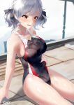  1girl artist_name black_ribbon black_swimsuit breasts commentary_request competition_swimsuit cowboy_shot girls_frontline hair_ribbon highleg highleg_swimsuit highres large_breasts looking_at_viewer one-piece_swimsuit red_eyes ribbon shirosaba short_hair silver_hair solo spas-12_(girls_frontline) swimsuit wavy_hair wet wet_clothes wet_swimsuit 