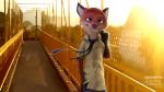  2017 anthro blurred_background bottomwear canid canine clothed clothing detailed_background diacordst disney fox fully_clothed fur green_eyes hand_in_pocket light lighting mammal necktie nick_wilde outside pants pockets red_body red_fox red_fur shirt smile solo sunlight topwear zootopia 