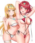  2girls :d adapted_costume armpits arms_behind_head arms_up bangs bikini bikini_day black_ribbon blonde_hair blush breast_grab breasts choker circlet cleavage collarbone cowboy_shot dual_persona earrings embarrassed eyebrows_visible_through_hair gem grabbing grabbing_from_behind grin highres hikari_(xenoblade_2) homura_(xenoblade_2) jewelry large_breasts long_hair looking_back multi-strapped_bikini multiple_girls navel nintendo o-ring o-ring_bikini o-ring_top open_mouth red_bikini red_eyes red_hair red_swimsuit ribbon selfcest shiny shiny_skin short_hair side-tie_swimsuit sidelocks simple_background skindentation slingshot_swimsuit smile sssemiii stomach swept_bangs swimsuit teeth thigh_strap underboob very_long_hair white_background white_bikini white_choker white_swimsuit xenoblade_(series) xenoblade_2 yellow_eyes yuri 