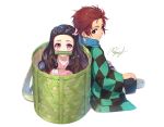  1boy 1girl asa_no_ha_(pattern) bamboo basket bit_gag black_hair blue_scarf brother_and_sister brown_hair checkered closed_mouth earrings gag hair_ribbon haori in_basket in_container indian_style japanese_clothes jewelry kamado_nezuko kamado_tanjirou kimetsu_no_yaiba kimono long_hair looking_at_viewer multicolored_hair pink_eyes pink_kimono pink_ribbon red_eyes red_hair ribbon rupinesu scarf siblings signature simple_background sitting smile two-tone_hair very_long_hair white_background 