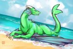  2020 ambiguous_gender beach day detailed_background digital_media_(artwork) dragon dragonfu feral outside sand seaside shoreline sky solo water wingless_dragon 
