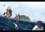  2girls 6+others any_(lucky_denver_mint) aqua_eyes aqua_hair ascot bird blazer blue_eyes blue_sky brown_hair brown_jacket brown_legwear brown_skirt cloud commentary_request day dolphin dutch_angle frilled_skirt frills full_body hair_ornament hairclip jacket kantai_collection kumano_(kantai_collection) long_hair looking_at_viewer machinery multiple_girls multiple_others orange_cardigan outdoors pleated_skirt ponytail remodel_(kantai_collection) school_uniform seagull skirt sky standing standing_on_liquid suzuya_(kantai_collection) thighhighs vest water 