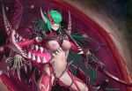  1girl arm_blade blood bloodshot_eyes bloody_weapon breasts claws crazy_eyes crazy_smile demon_girl exposed_muscle extra_eyes extra_mouth green_hair grin hair_intakes highres large_breasts long_hair looking_at_viewer mcrc_science navel original revealing_clothes sharp_teeth smile solo space star_(sky) teeth very_long_hair weapon 