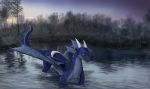  2020 blue_body blue_fur day detailed_background digital_media_(artwork) dragon fur furred_dragon horn kodardragon membrane_(anatomy) membranous_wings outside partially_submerged sky smile standing water wings 