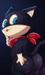  atlus bandanna big_butt blue_background blue_eyes butt domestic_cat felid feline felis girly jerseydevil looking_at_viewer looking_back male mammal megami_tensei megami_tensei_persona morgana_(persona) simple_background solo video_games 