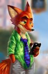  2016 anthro blurred_background bottomwear canid canine cellphone cheek_tuft chest_tuft clothed clothing disney facial_tuft fox fully_clothed fur green_eyes hand_in_pocket holding_cellphone holding_object holding_phone inner_ear_fluff light lighting mammal necktie nick_wilde orange_body orange_fur pants phone pockets red_fox ruishi shirt solo topwear tuft zootopia 