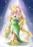  2018 anthro blue_eyes blush clarice_(disney) clothed clothing cocktail_dress disney dress eyelashes feather_boa female footwear fur green_clothing green_dress high_heels looking_aside massu open_mouth open_smile red_nose shoes smile spotlight stage starry_background tan_body tan_fur yellow_clothing yellow_footwear yellow_shoes 