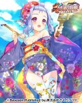  1girl bare_shoulders blue_hair breasts bucchake_(asami) cloud commentary_request copyright_name floral_print flower forehead hair_flower hair_ornament japanese_clothes kimono koihime_musou obi off_shoulder open_mouth outdoors paintbrush panties panty_peek pink_eyes print_legwear purple_kimono sash short_hair short_kimono sky small_breasts smile solo thigh_gap thighhighs topknot toutaku underwear white_legwear white_panties 