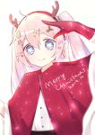  angelic_buster animal_ears blue_eyes christmas gloves hair_ornament heart heart-shaped_pupils maplestory pink_hair red_gloves reindeer_ears simmm simple_background smile symbol-shaped_pupils two_side_up 