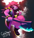  2018 armband axe belt belt_buckle bottomwear bracelet clothed clothing colo deltarune female hair hair_over_eyes hi_res holding_object holding_weapon jewelry long_hair melee_weapon pants purple_hair reptile scalie sharp_teeth smile solo spiked_armband spiked_bracelet spikes susie_(deltarune) teeth video_games weapon 