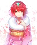  1girl absurdres bangs brown_eyes closed_mouth commentary_request earrings eyebrows_visible_through_hair floral_print fur_collar hair_between_eyes hand_up headpiece highres homura_(xenoblade_2) japanese_clothes jewelry kimono looking_at_viewer obi petals pink_kimono print_kimono red_hair sash smile solo tarbo_(exxxpiation) upper_body white_background xenoblade_(series) xenoblade_2 