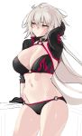  1girl ahoge bangs bikini black_bikini black_choker black_gloves black_jacket blush breasts choker cropped_jacket fate/grand_order fate_(series) gloves highres jacket jeanne_d&#039;arc_(alter_swimsuit_berserker) jeanne_d&#039;arc_(fate)_(all) large_breasts long_hair ndgd o-ring o-ring_bikini shrug_(clothing) silver_hair simple_background solo swimsuit very_long_hair white_background yellow_eyes 