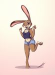  12-9 2019 anthro barefoot bottomwear breasts brown_body brown_fur clothed clothing countershade_torso countershading crop_top dipstick_ears female fur hotpants lagomorph leporid looking_at_viewer mammal midriff multicolored_ears navel open_mouth open_smile rabbit shirt shorts simple_background smile solo tan_body tan_fur topwear 