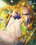  1girl alice_schuberg armor bangs blonde_hair blue_eyes blush braid breasts commentary covered_nipples eyebrows_visible_through_hair hair_ornament heterochromia highres hitokiri_battousai long_braid long_hair lying mouse navel no_panties on_back open_mouth outdoors pink_eyes small_breasts solo sword_art_online sword_art_online_alicization thighhighs very_long_hair white_legwear 