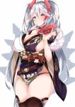 1girl antenna_hair azur_lane bangs black_choker black_legwear black_panties blush breasts brown_eyes choker cleavage closed_mouth collarbone commentary_request cup finger_to_mouth fur_collar hair_between_eyes headgear highres holding holding_cup iron_cross japanese_clothes kimono large_breasts long_hair long_sleeves looking_at_viewer multicolored_hair mutou_(94753939) obi panties prinz_eugen_(azur_lane) prinz_eugen_(dance_of_a_hundred_flowers)_(azur_lane) red_hair sakazuki sash sideboob silver_hair simple_background solo standing streaked_hair swept_bangs thighhighs thighs two_side_up underwear very_long_hair white_background wide_sleeves 