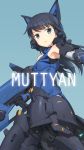  1girl alice_gear_aegis blue_background blue_eyes blue_hair bodysuit gun headphones holding holding_gun holding_weapon koashi_mutsumi looking_at_viewer mecha_musume mechanical_ears shimada_fumikane shorts simple_background solo weapon 