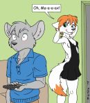  2019 anthro blue_eyes blush breasts canid canine canis clothed clothing code_name:_hunter delisle dipstick_tail domestic_dog dress duo female fur furniture green_eyes grey_body grey_fur hair looking_back male mammal max_mcconnor mouse multicolored_tail murid murine nipple_outline orange_hair rodent ruby_pyrenees small_breasts sofa tongue tongue_out white_body white_fur 