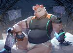  2019 anthro blue_eyes bulge clothing daylightallure detailed_background humanoid_hands jockstrap male mammal overweight overweight_male shirt sitting solo suid suina sus_(pig) topwear underwear wild_boar 