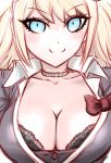  1girl blonde_hair blue_eyes bra breasts cleavage closed_mouth commentary_request danganronpa enoshima_junko large_breasts long_hair looking_at_viewer simple_background smile solo twintails ueyama_michirou underwear white_background 