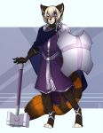  2019 4_toes 5_fingers ailurid anthro clothed clothing digital_media_(artwork) fingers firetally holding_object holding_weapon male mammal pink_eyes red_panda solo standing toes weapon 