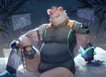  2019 anthro blue_eyes bulge clothing daylightallure detailed_background humanoid_hands male mammal overweight overweight_male shirt sitting solo suid suina sus_(pig) topwear underwear wild_boar 