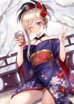  1girl ;3 bangs blonde_hair blue_eyes blush can canned_tea closed_mouth collarbone commentary_request dutch_angle eyebrows_visible_through_hair fate/grand_order fate_(series) floral_print flower hair_between_eyes hair_flower hair_ornament harimoji holding holding_can japanese_clothes kimono long_hair long_sleeves looking_at_viewer miyamoto_musashi_(fate/grand_order) obi off_shoulder one_eye_closed ponytail print_kimono purple_kimono red_flower red_rose rose sash sidelocks smile snow snowing solo tree_branch v wide_sleeves 