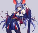  1girl adapted_costume animal_ears armpit_peek azur_lane bangs black_legwear black_ribbon blue_gloves blue_hair blue_kimono braid breasts closed_mouth clothes_writing collarbone commentary_request essex_(azur_lane) eyebrows_visible_through_hair fake_animal_ears fingernails floating_hair french_braid gloves grey_background hachizowo hair_ribbon highres japanese_clothes kimono large_breasts long_hair long_sleeves looking_at_viewer mouse_ears mouse_tail necktie obi pantyhose red_eyes red_neckwear ribbon sash side_braid sidelocks simple_background smile solo swept_bangs tail twintails very_long_hair wide_sleeves 