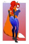  5_fingers amur anthro black_nose canid canine clothed clothing female fingers fox hair mammal red_hair solo standing toes 