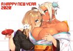  23_(real_xxiii) ahoge_girl_(23) aqua_eyes blue_eyes breasts choker commentary_request couple cup dark-skinned_girl_(23) dark_skin flower hair_flower hair_ornament happy_new_year highres huge_breasts japanese_clothes jewelry kimono kimono_pull large_breasts muscle muscular_female nengajou new_year original platinum_blonde_hair ring rope sakazuki sash wedding_band wife_and_wife yuri 