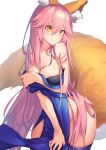  1girl absurdres animal_ear_fluff animal_ears bangs bare_shoulders blue_legwear blush breasts cleavage closed_mouth collarbone fate/extra fate_(series) fox_ears fox_girl fox_tail gallant99770 hair_between_eyes highres huge_filesize large_breasts long_hair looking_at_viewer pink_hair sash simple_background smile solo tail tamamo_(fate)_(all) tamamo_no_mae_(fate) thighhighs very_long_hair white_background yellow_eyes 