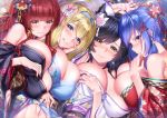  4girls ahoge animal_ears armpit_peek atago_(azur_lane) azur_lane bangs bare_shoulders black_hair black_kimono black_nails blonde_hair blue_eyes blue_hair blue_hairband blue_kimono blunt_bangs blush bow breasts brown_eyes cherry_blossom_print cleavage collarbone commentary_request earrings extra_ears eyebrows_visible_through_hair finger_to_mouth floral_print flower glint hair_bow hair_flower hair_intakes hair_ornament hairband hand_on_own_cheek hand_on_own_chest highres japanese_clothes jewelry ken_ill kimono large_breasts lifted_by_self lips long_hair looking_at_viewer lying mole mole_under_eye multiple_girls nail_polish navel new_year north_carolina_(azur_lane) nose_blush obi off-shoulder_kimono on_back on_side parted_lips pink_nails ponytail print_kimono purple_eyes red_bow red_kimono red_nails ribbon sash shiny shiny_hair side_ponytail sidelocks smile st._louis_(azur_lane) st._louis_(tipsy_snow)_(azur_lane) swept_bangs upper_body white_ribbon wide_sleeves x_hair_ornament yellow_eyes zara_(azur_lane) 