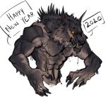  2020 abs anthro bodily_fluids brown_body brown_fur canid canine canis claws drooling fur hi_res holidays male mammal muscular muscular_male neck_tuft new_year nmvsolidus nude orange_eyes saliva saliva_string sharp_teeth simple_background solo teeth tuft waist_up were werecanid werecanine werewolf white_background wolf 