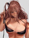  1girl amakaze bare_shoulders bikini black_bikini blue_eyes blush breasts brown_hair collarbone grey_background hair_between_eyes highres holding_bikini holding_bikini_top kantai_collection large_breasts long_hair looking_at_viewer one_side_up ponytail saratoga_(kantai_collection) sidelocks simple_background smile solo swimsuit tan untied untied_bikini upper_body 