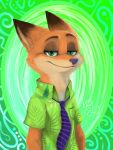  2018 abstract_background anthro brown_body brown_fur canid canine cheek_tuft clothed clothing diacordst dipstick_ears disney facial_tuft fox fur green_background green_eyes half-length_portrait looking_at_viewer mammal multicolored_ears necktie nick_wilde orange_body orange_fur portrait red_fox shirt simple_background smile solo tan_body tan_fur topwear tuft zootopia 