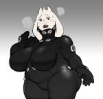  2019 5_fingers anthro belly big_breasts black_eyes bodily_fluids bodysuit boss_monster bovid breasts camel_toe caprine clothed clothing curvy_figure eyelashes female fingers floppy_ears fur gantz hair hanging_breasts horn huge_breasts mammal mature_female navel open_mouth overweight overweight_female rubber rubber_suit skinsuit solo standing steam submarine_screw sweat sweatdrop thick_thighs tight_clothing toriel undertale video_games white_body white_fur wide_hips 